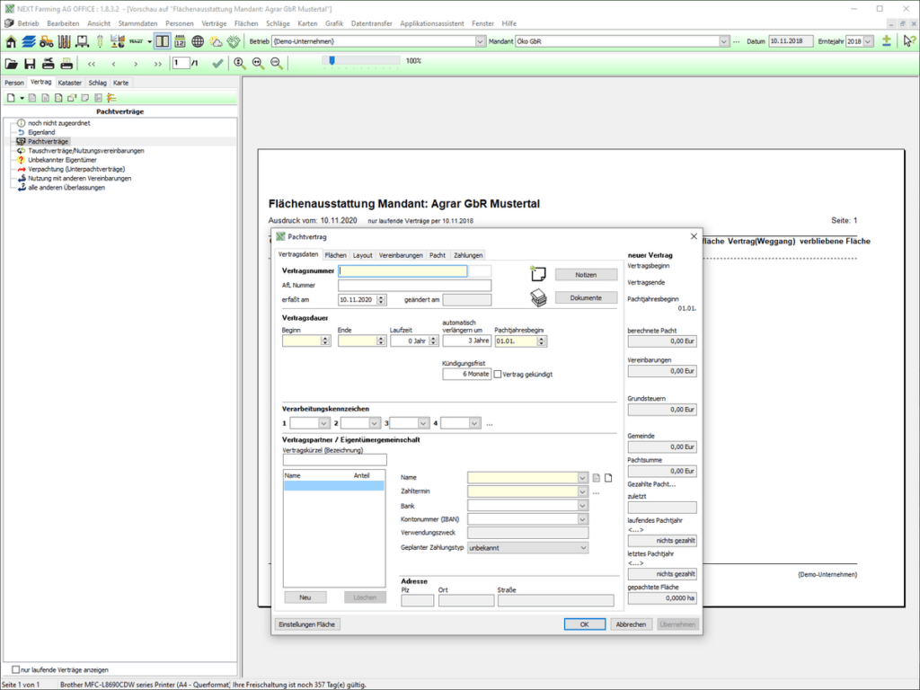 Screenshot des Moduls Pacht- und Flächenverwaltung der NEXT Farming Software AG Office.