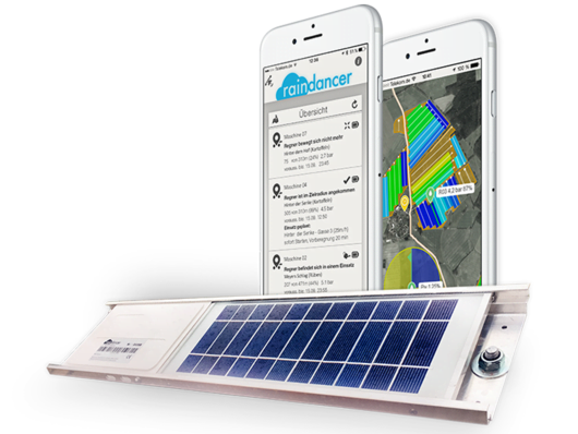 Zwei Handybildschirme mit der Anzeige der raindancer App und einem Solarpanel.