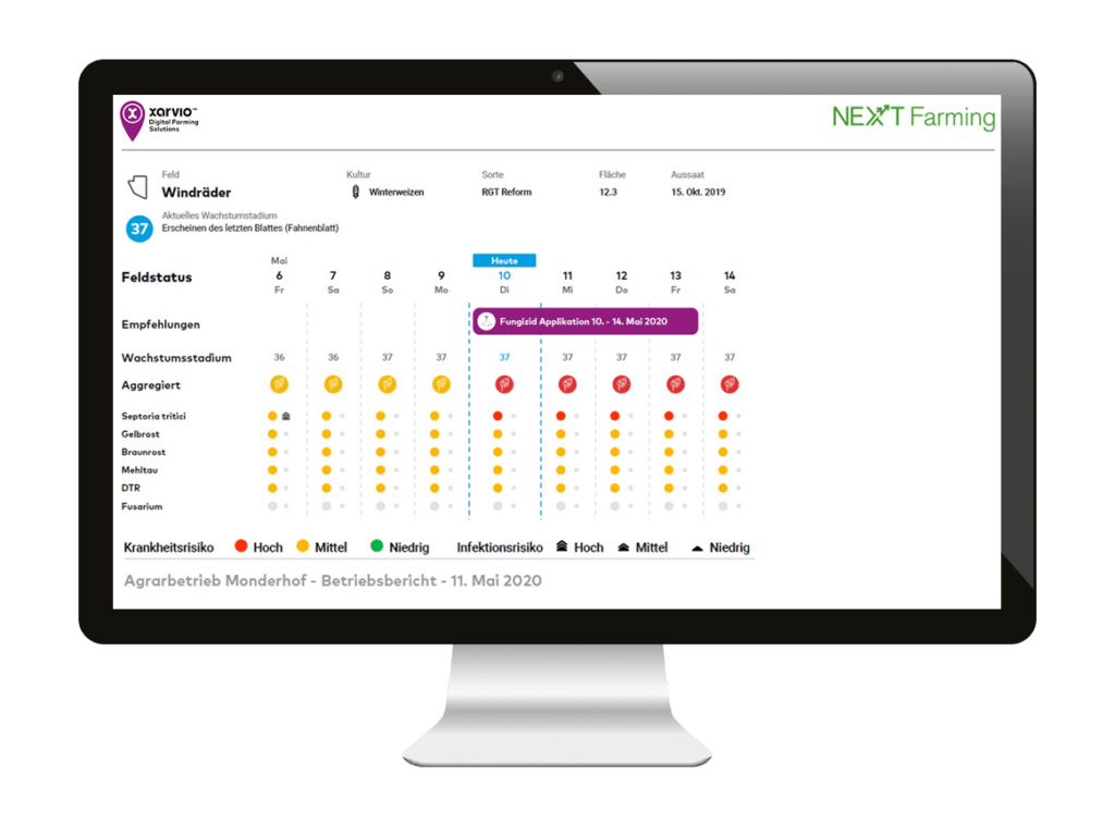 Bildschirm zeigt NEXT Applikationstimer, in Kooperation mit xarvio