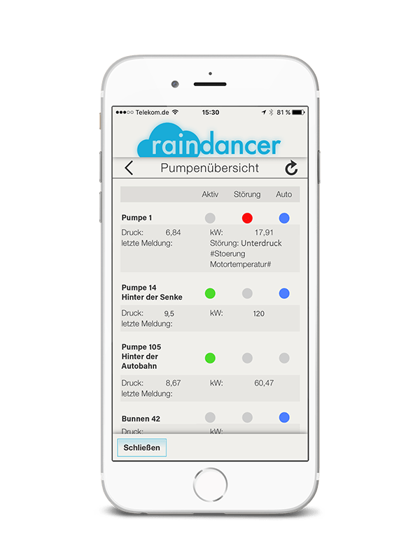 Mobile Ansicht der Pumpenübersicht im NEXT raindancer