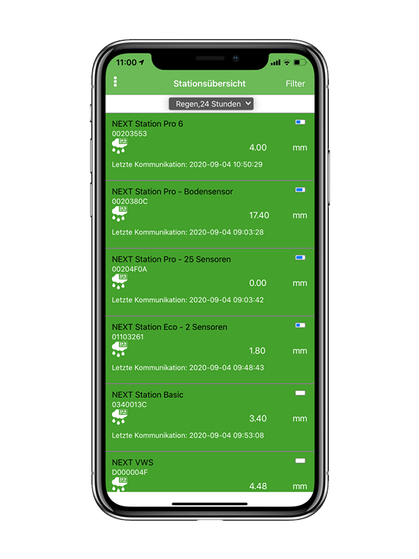 Bildschirmfoto der NEXT MobileWetter App mit der Stationsübersicht.