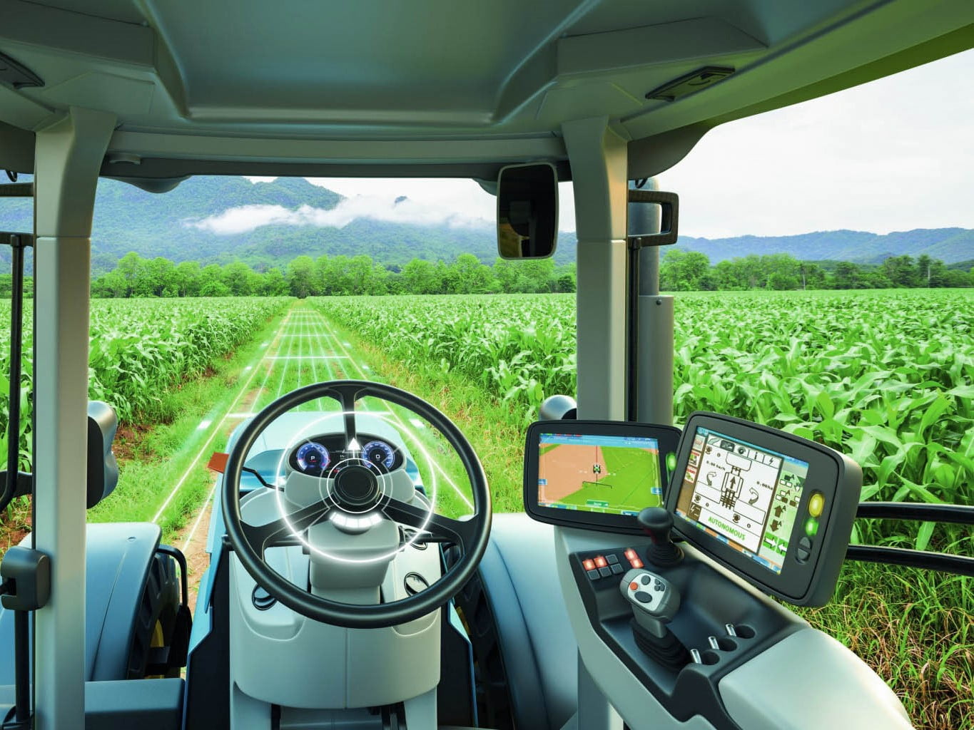 Cockpit eines Traktors mit Animation der Spuren vor ihm